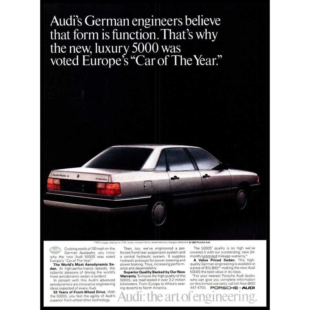 1984 Audi 5000S Luxury Sports Sedan Vintage Print Ad Side Silhouette Wall Art